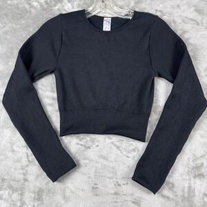 Bella Movement Womens Ribbed Long Sleeve Crop Top Black Crew Neck FR-501 S/M
